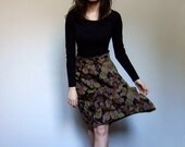 Leaf Print Skirt Autumn Fall Rustic Wool Black Brown Knee Length Simple - Small. S