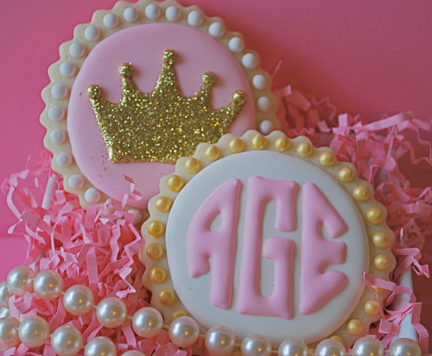 Sparkly Crown and Circle Monogram Decorated Sugar Cookies
