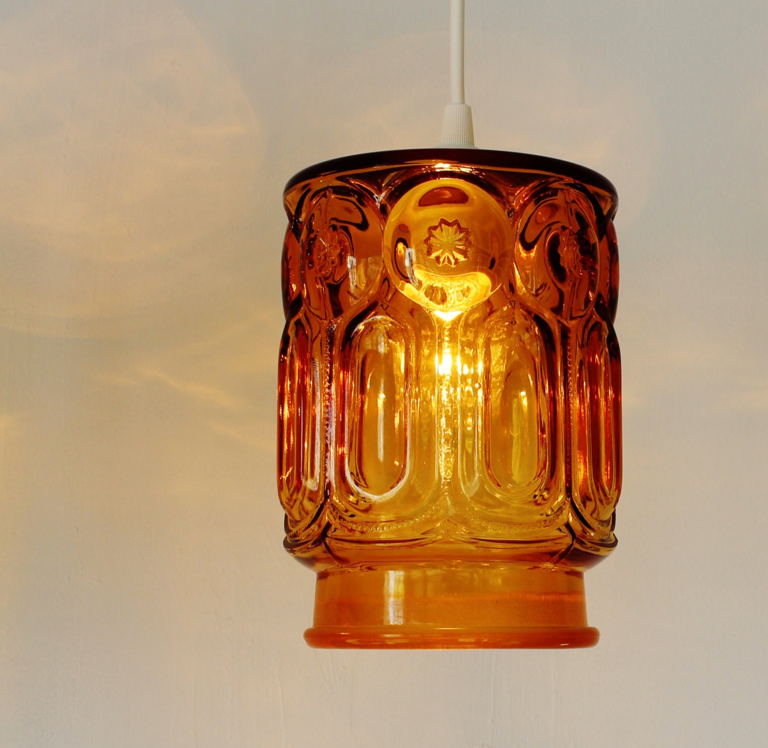 Moons and Stars - Upcycled Hanging Pendant Lighting Fixture made from a Vintage Amber Glass Kitchen Canister - OOAK BootsNGus Lamp