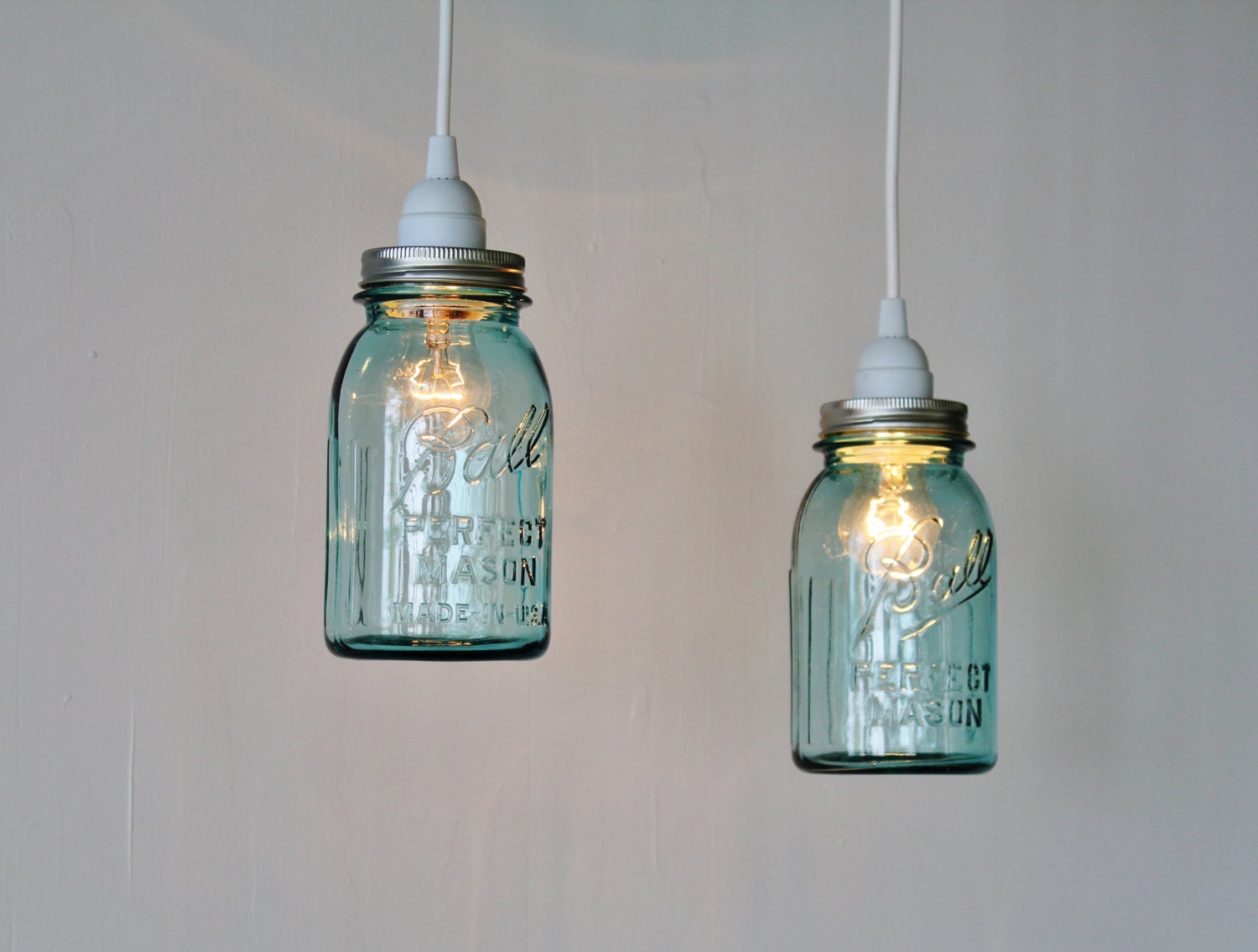 2 Antique AQUA Blue BALL Mason Jar Hanging Lighting Fixtures - Upcycled Pendant Lamps featuring vintage quart jars - BootsNGus Lighting