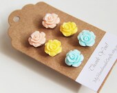 3 Pairs-Peach. Sunshine Yellow. Light Blue. Acrylic Resin Rose Ear Studs Post. Weddings. Spring. Light . Floral (Set 2)