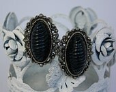 Vintage 50s Earrings Fancy Antique Silver Metal w Black Plastic Center