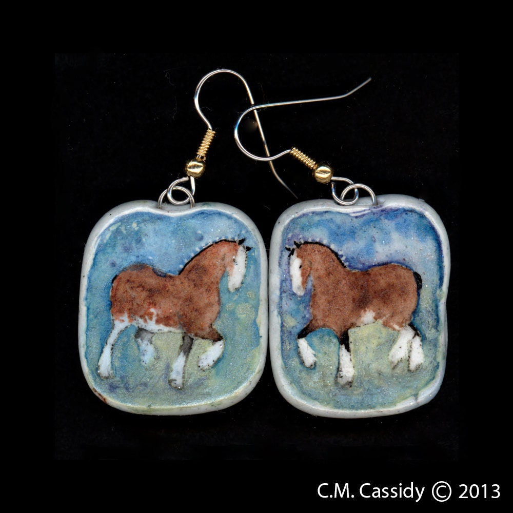 Clydesdales at a Trot. Horse Earrings. Original Ink Drawing on Polymer Clay. Brown White Blue Green 2973