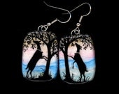 Early Morning Goats.  Dairy Goat Silhouette Earrings. India Ink on Light  Tan, Pink, Blue and Green Polymer Clay Earrings 3088