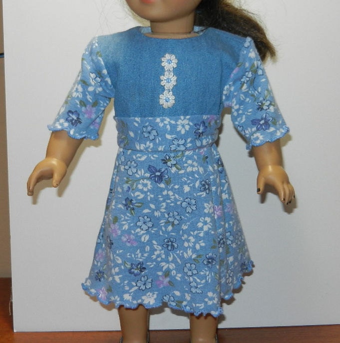 Denim & Blue Flower Knit Dress with 3 Flowers 18" Doll Clothes - fits 18 Inch Dolls like American Girl