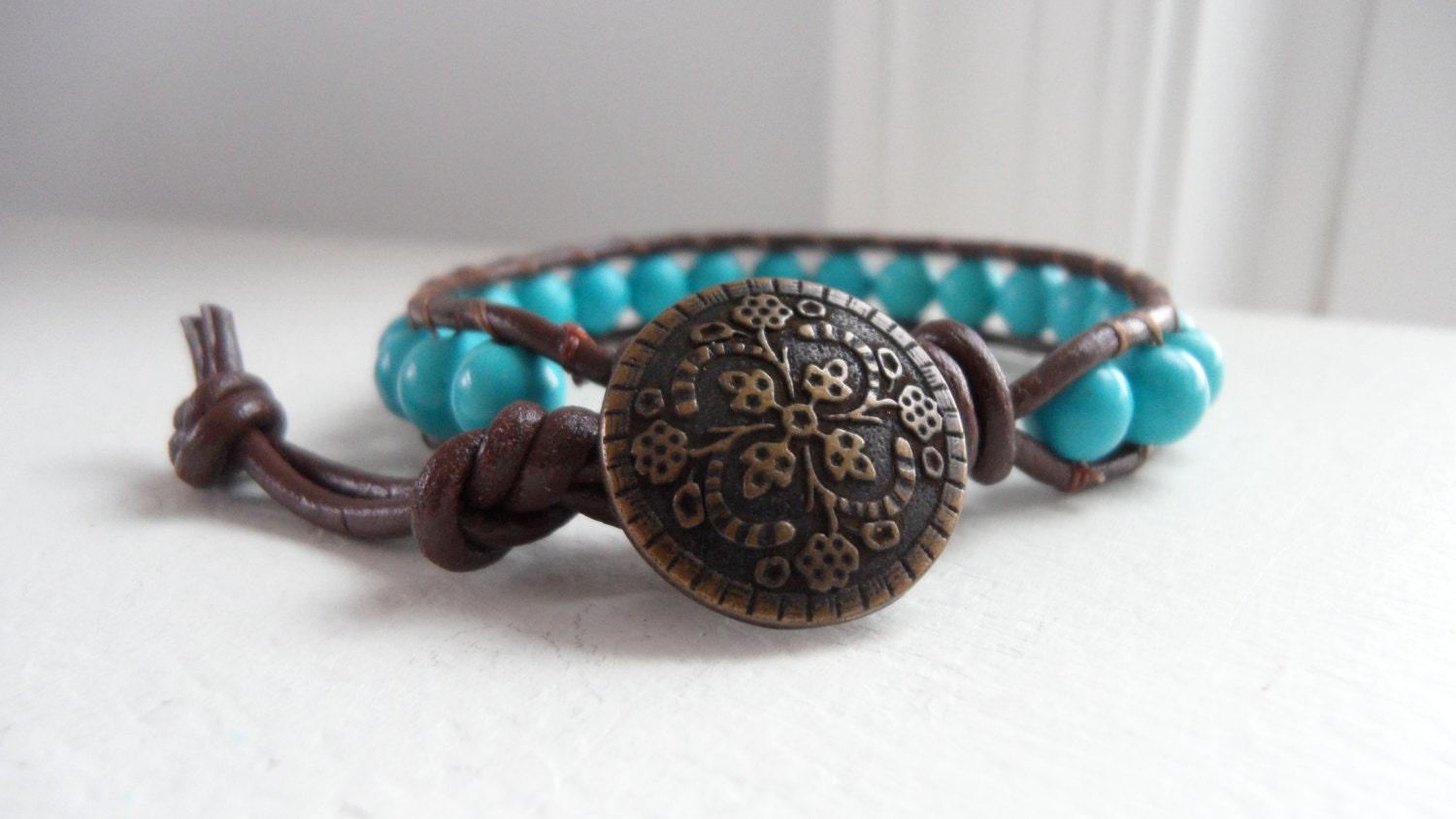 UNISEX Turquoise and Brown Leather Single Wrap Bracelet, Mens Jewelry, Valentine Gift