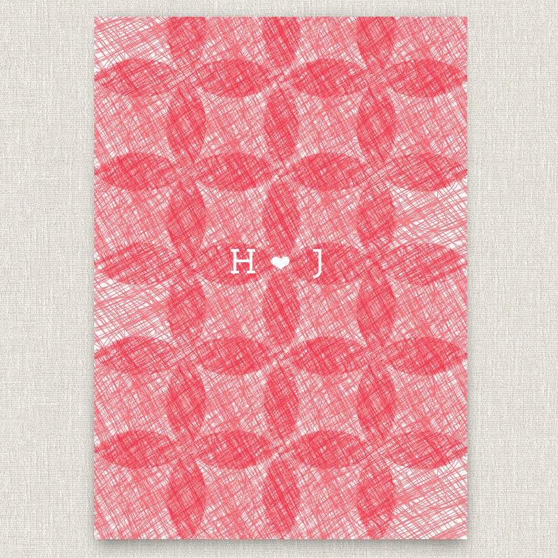 Scribble - coral and grey wedding invitation with floral pattern
