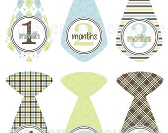 ON SALE New Baby Boy GIFT Monthly Onesie Classic Tie Stickers Green Blue Brown Argyle Plaid Stripes Dots