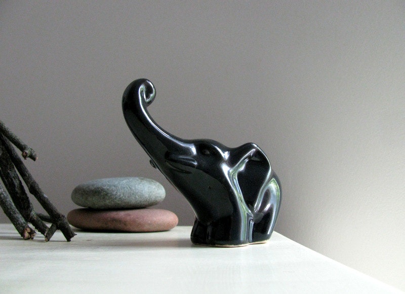 Black Chic Playful Mid-Century Ceramic Elephant Figurine