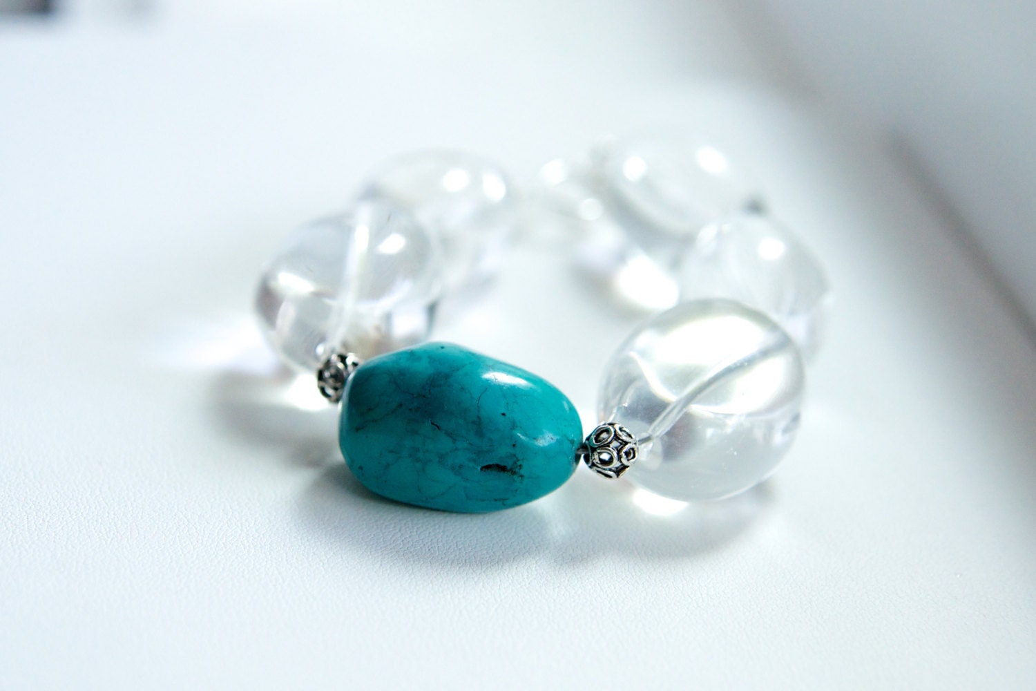Chunky Crystal Quartz and Turquoise Bracelet in Sterling Silver