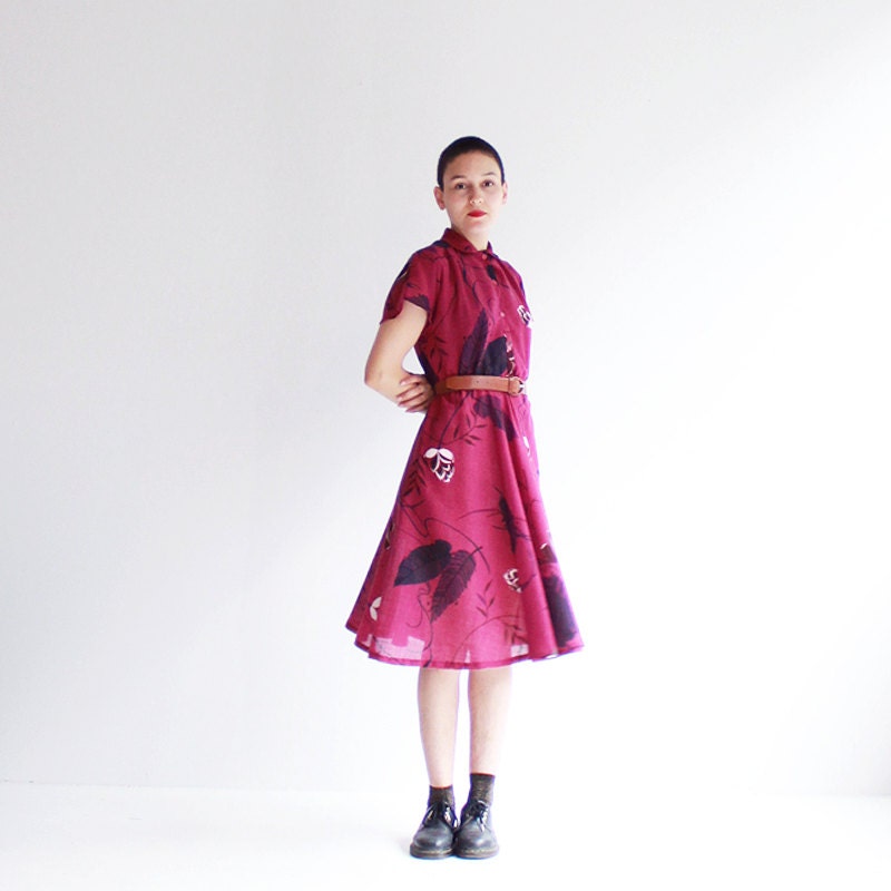Floral fuchsia dress - Summer - vintage - knee length - small, medium