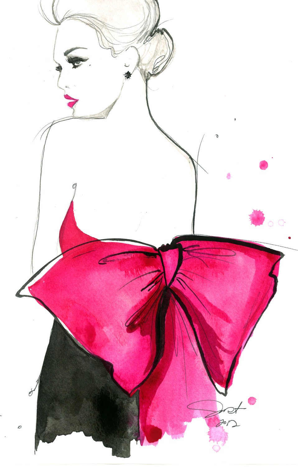 Print from original watercolor and pen fashion illustration by Jessica Durrant titled Pink Bow