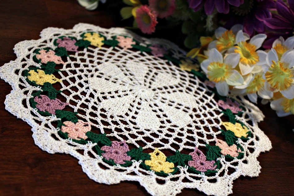 Spring Rainbow flowers Crochet doily