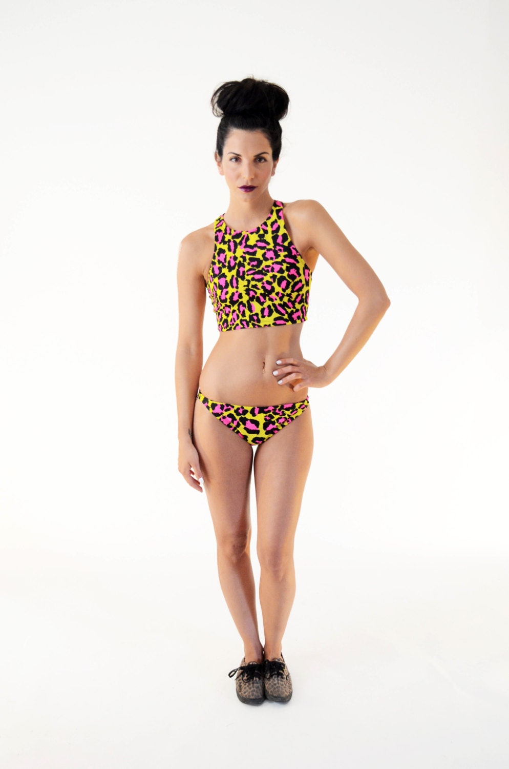 Crop top leopard print bikini with racer back