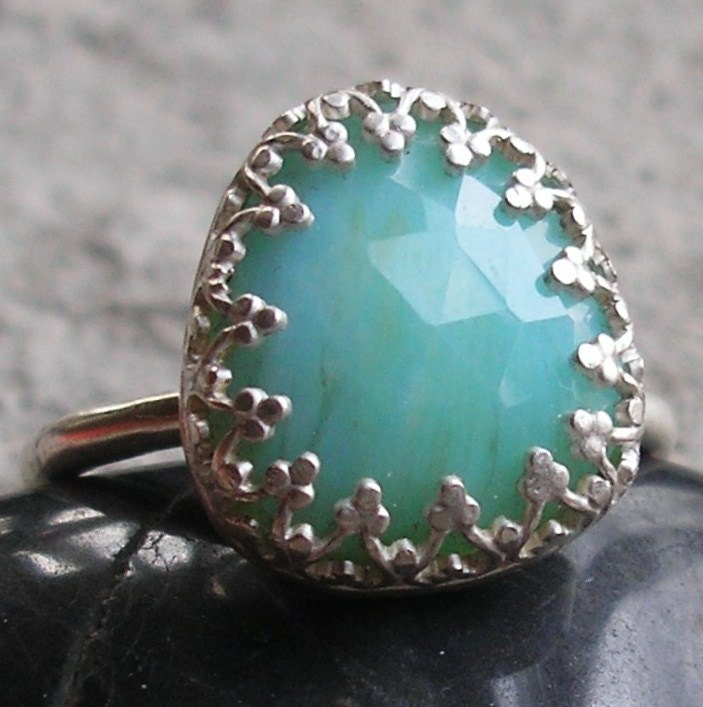 Blue Peruvian Opal Ring. Rose Cut Opal, Sterling Silver, Fancy Bezel, Hand Made.  US Size 7.5