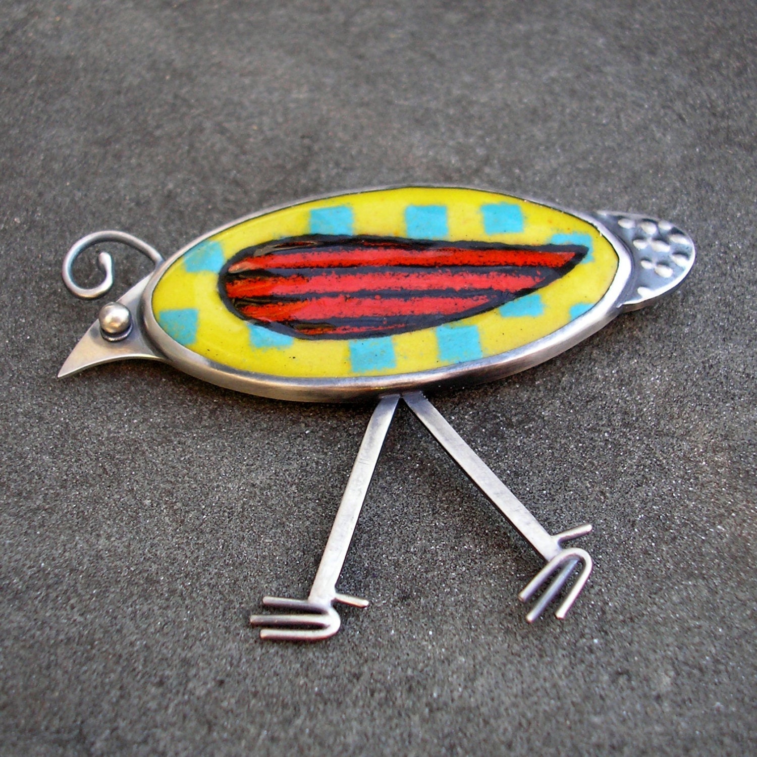 Bird Brooch.  Quirky Quail Colorful Enamel Brooch, Sterling Silver, Hand Made