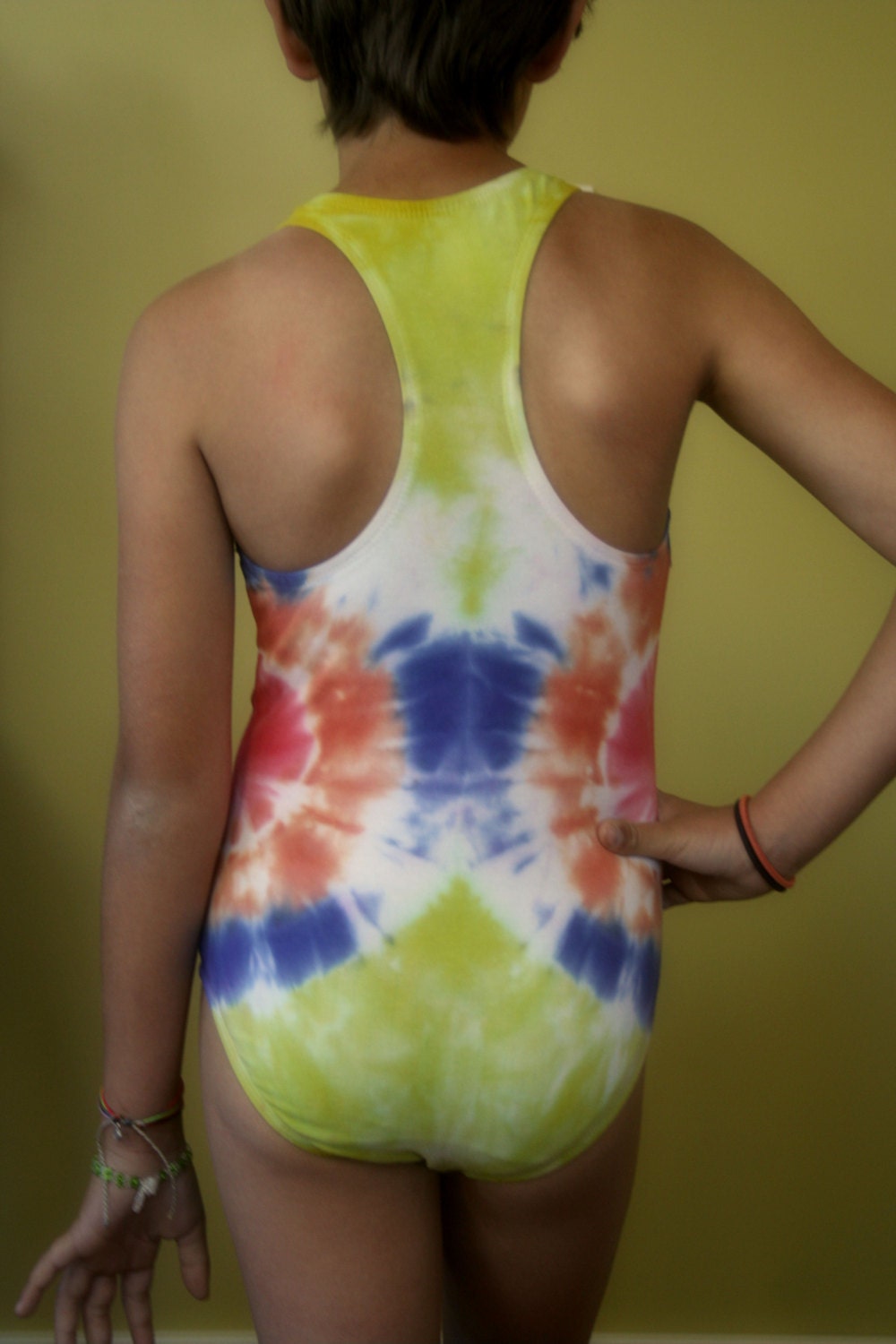 SaLe ... Chartreuse Tie Dyed Swim Bathing suit ... gymnastic suit ... Leotard ... Child to preteen ... Size small to XL