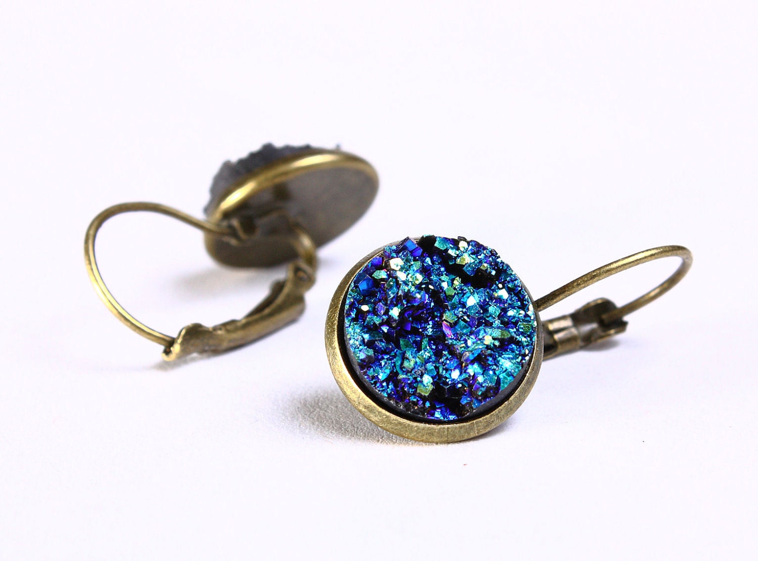 Antique brass turquoise blue green dangle drop earrings (710) - Flat rate shipping
