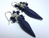 Navy Blue and Silver Polymer Clay Spike and Crystal Cluster Earrings
