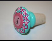 Turquoise White and Pink Criss Cross Wine Stopper- Your Choose Your Letter