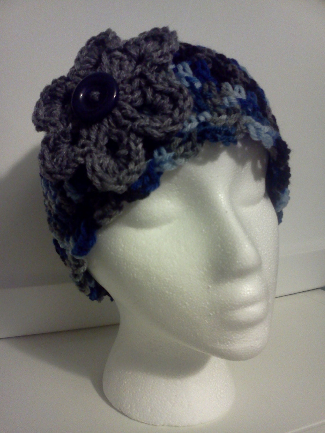 Ladies Hat, Beanie,  in Blue, Black and Gray with Flower