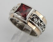 Jewela 9K Yellow Gold Silver filigree Garnet Ring size 6 (s r1662)