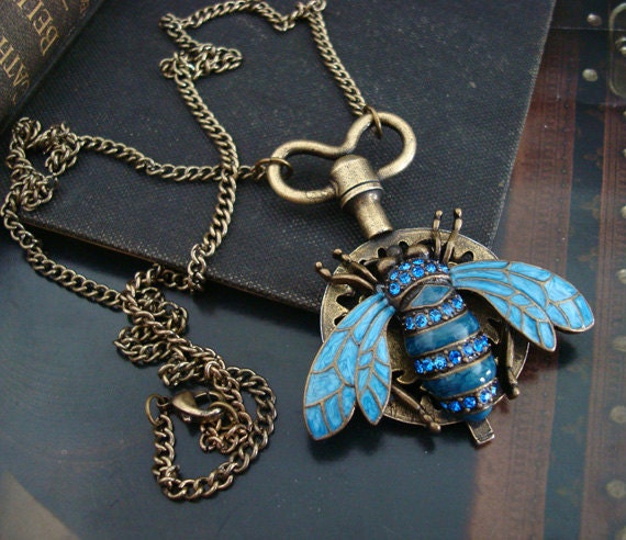 Steampunk Bee Time Necklace, Original Jewelry, Royal Blue Enamel and Rhinestone Set, Gears and Clock Key Pendant