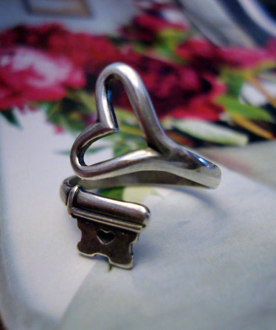 Steampunk Key Heart Ring, Vintage Style Skeleton Key, Sterling Silver Finish, You Choose Light Oxidation Or Shine