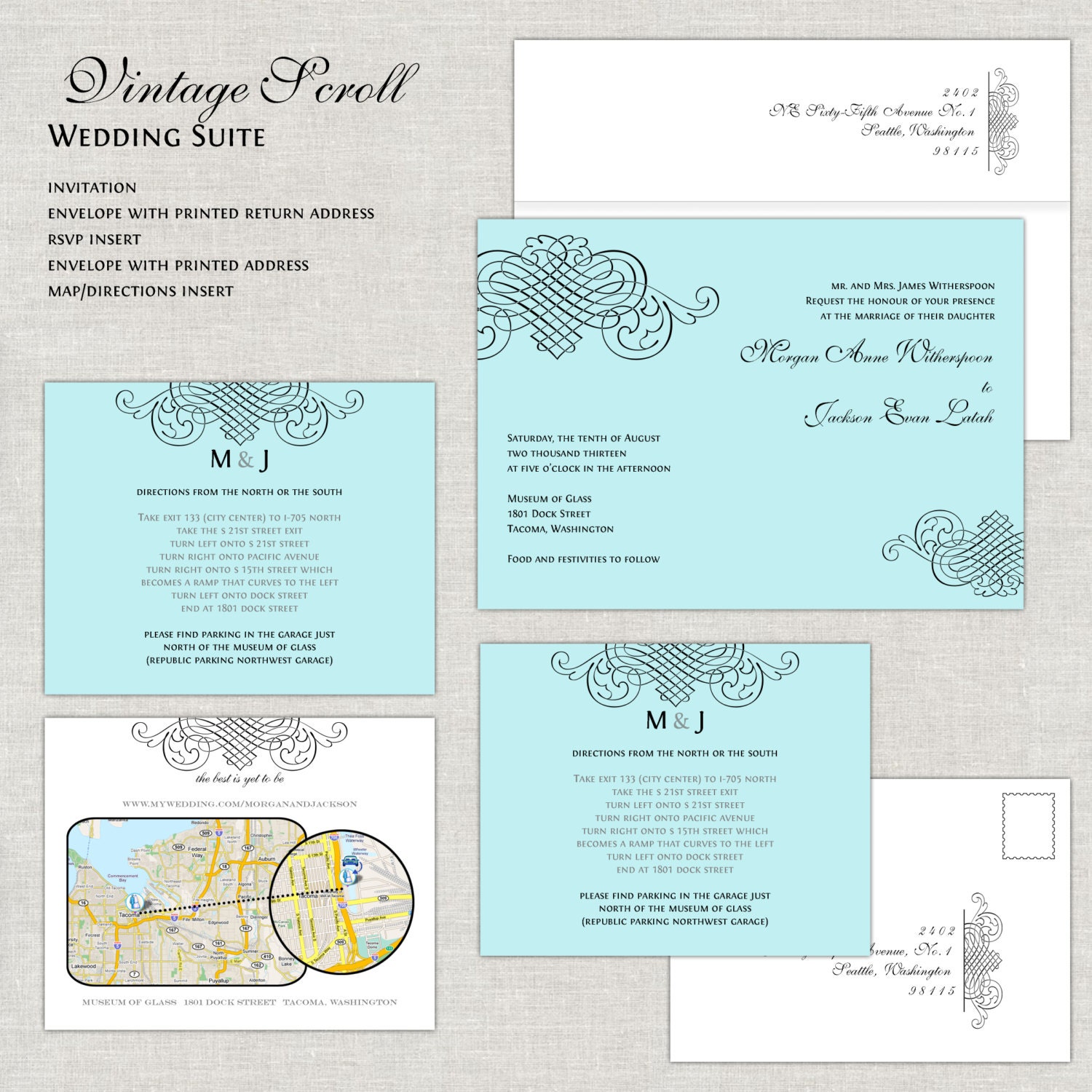 Tiffany Blue Wedding Invitations, Wedding Invites, Unique Wedding Invitation, Flourish Scroll Invitations, Vintage Monogram Il_570xn