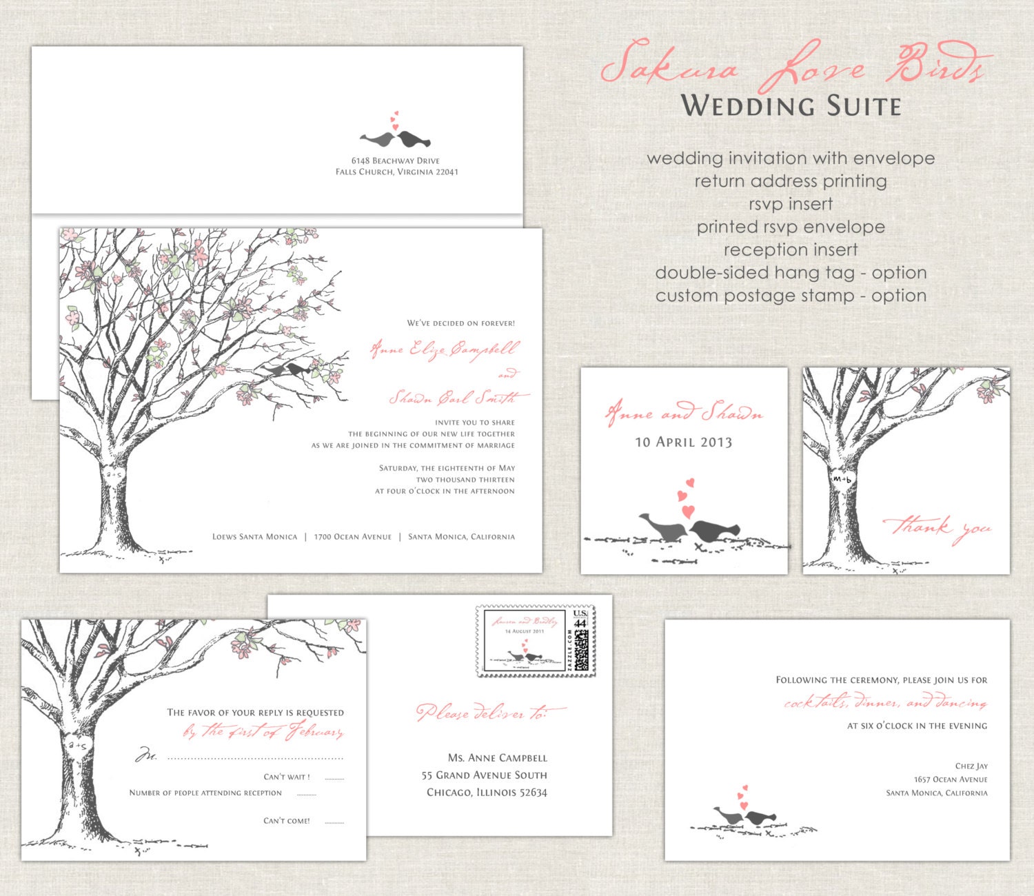 Love Birds Wedding Invitations, Cherry Blossom Wedding Invites, Tree Wedding Invitation, Gray, Pink, Coral, Flower, Bird, Sakura Il_570xn