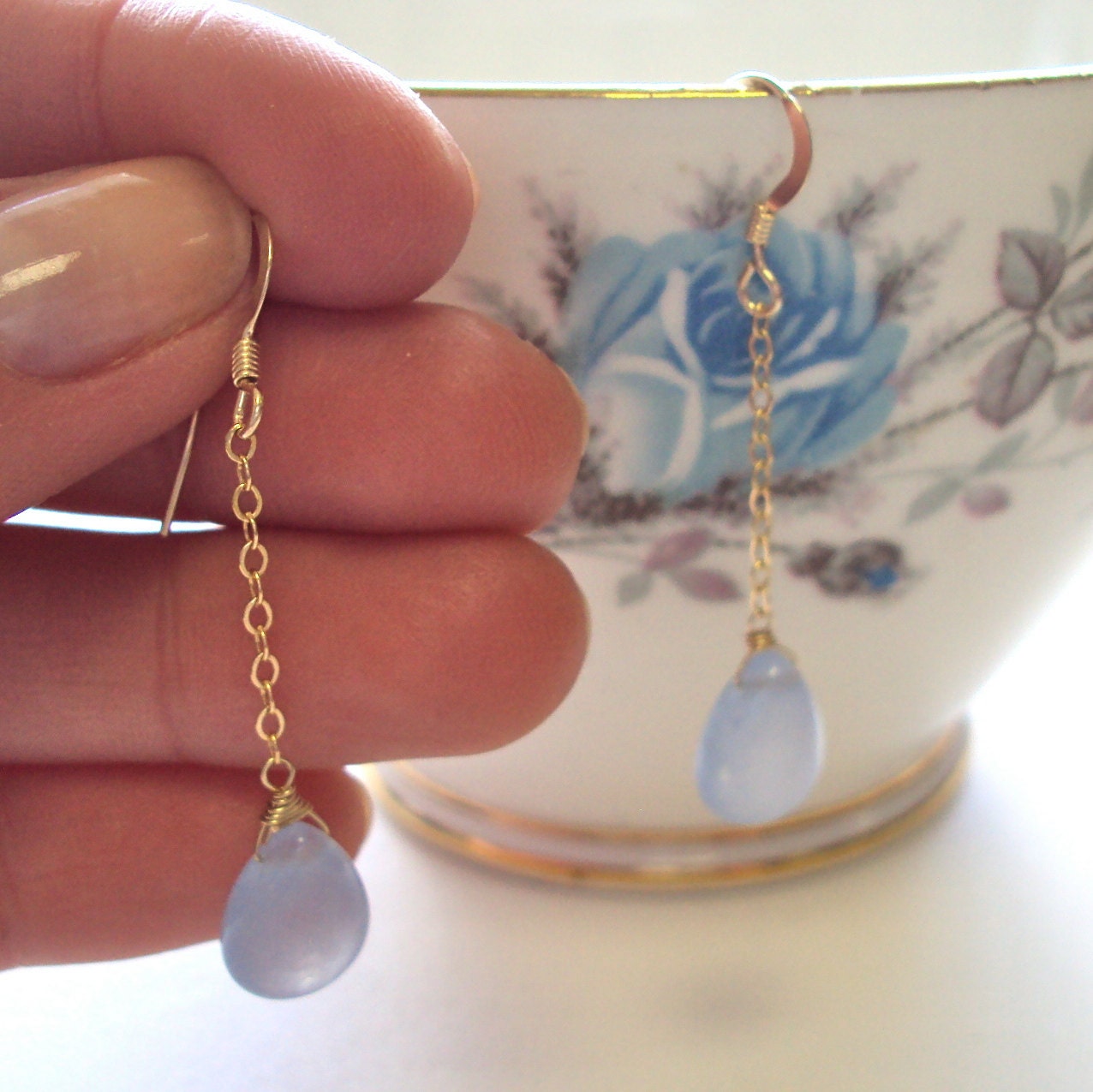 Blue Jade gold filled chain earrings
