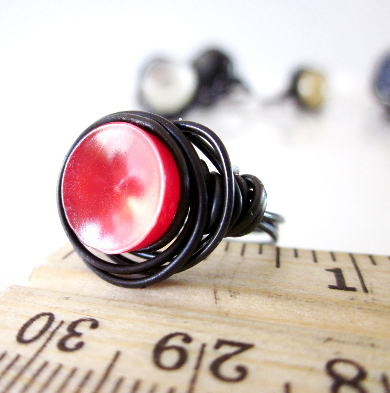 Petite Red Vintage Button Wire Wrapped Ring Size 6
