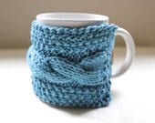 Organic Cabled Mug Cosy -  Coffee Cup Cozy in Organic Pure Cotton - TEAL - fits STANDARD Mugs  - Ready to Ship