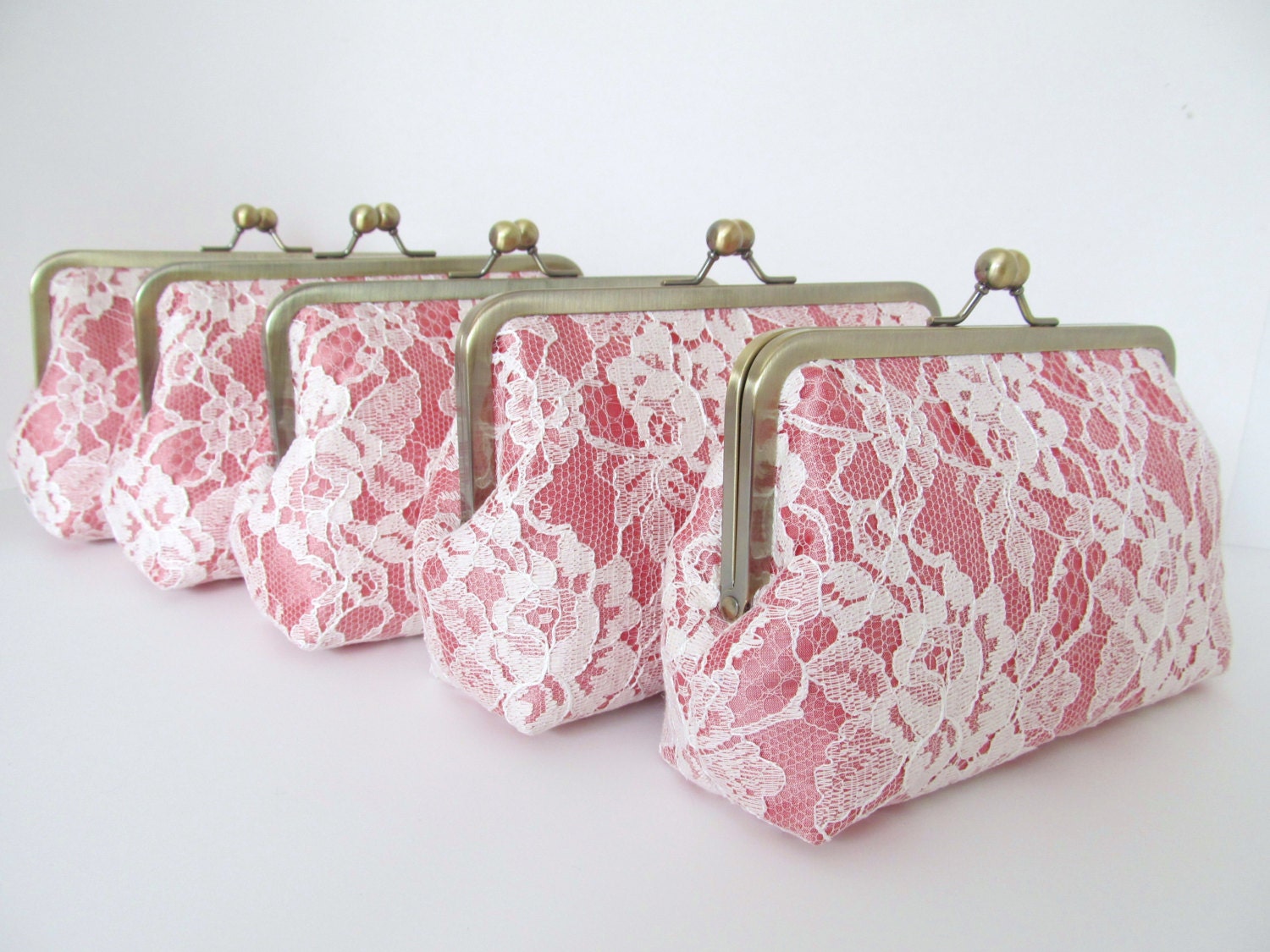 SALE - Silk And Chantilly Lace Clutch Set Of 5-Watermelon/Ivory-Wedding Clutch-Lace Clutch-Bridal Clutch-Bags And Purses