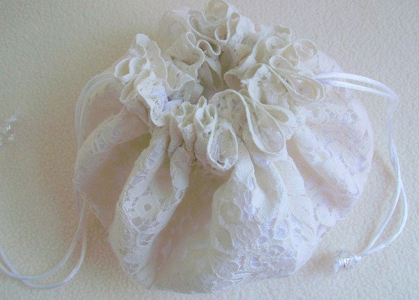 Brides Bag Bridal Drawstring Pouch Wedding Purse Reused  Vintage  Alencon Lace Doily