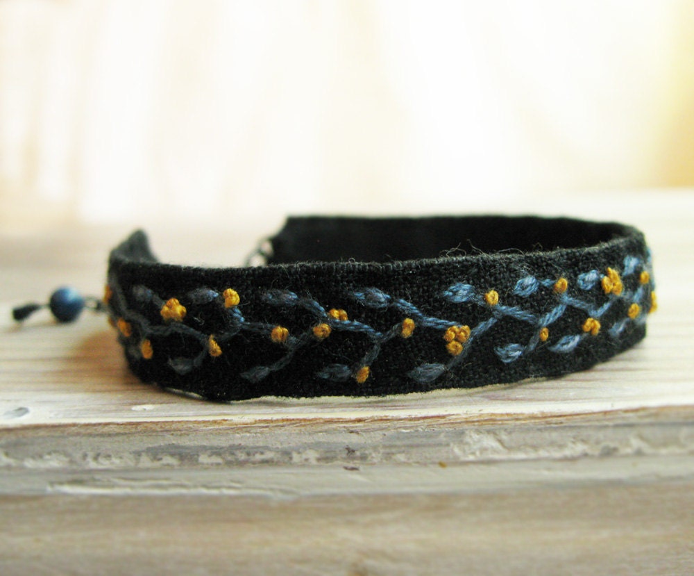 Black Embroidered Bracelet with Teal Vines and Yellow Berries