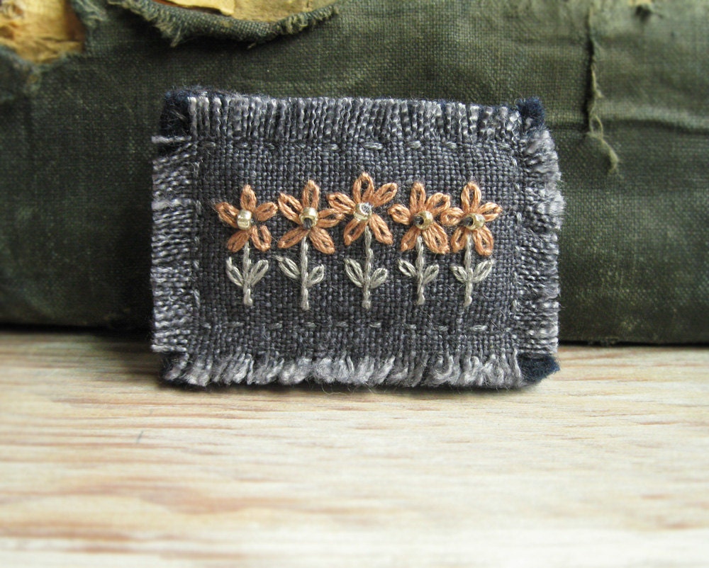 Brooch with Hand Embroidered Peach  Flowers on Blue Gray Linen