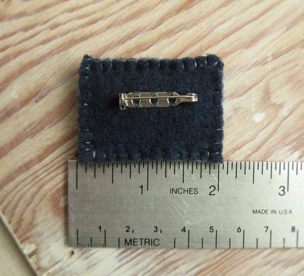 Brooch with Hand Embroidered Peach  Flowers on Blue Gray Linen