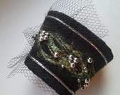 Netted Fiber Art Cuff  with beading and silver cord trim