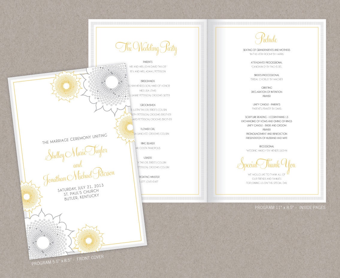 DIY Custom Wedding Program Card - Modern Gray and Yellow Dahlia Floral Design Customized Printable PDF