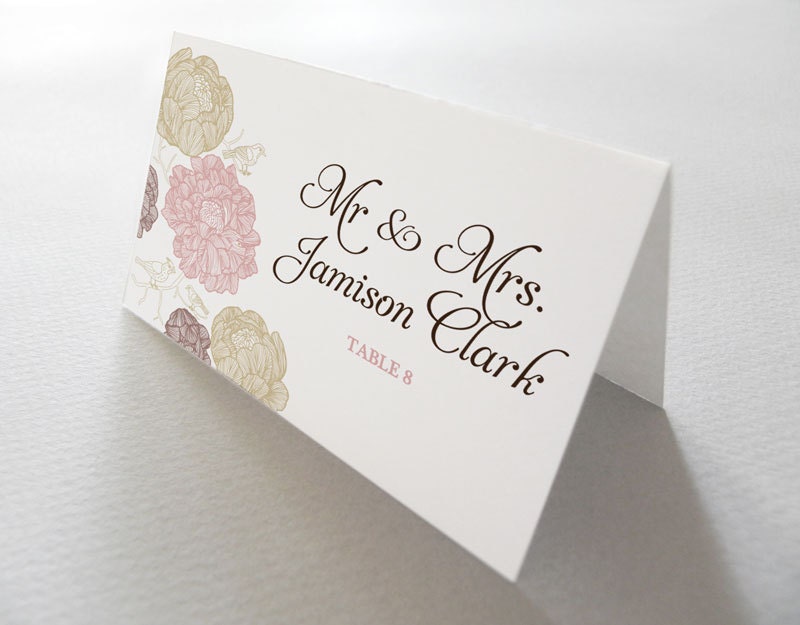 Custom Wedding Escort Place Cards in Vintage Love Birds Design - 50 Tented Cards