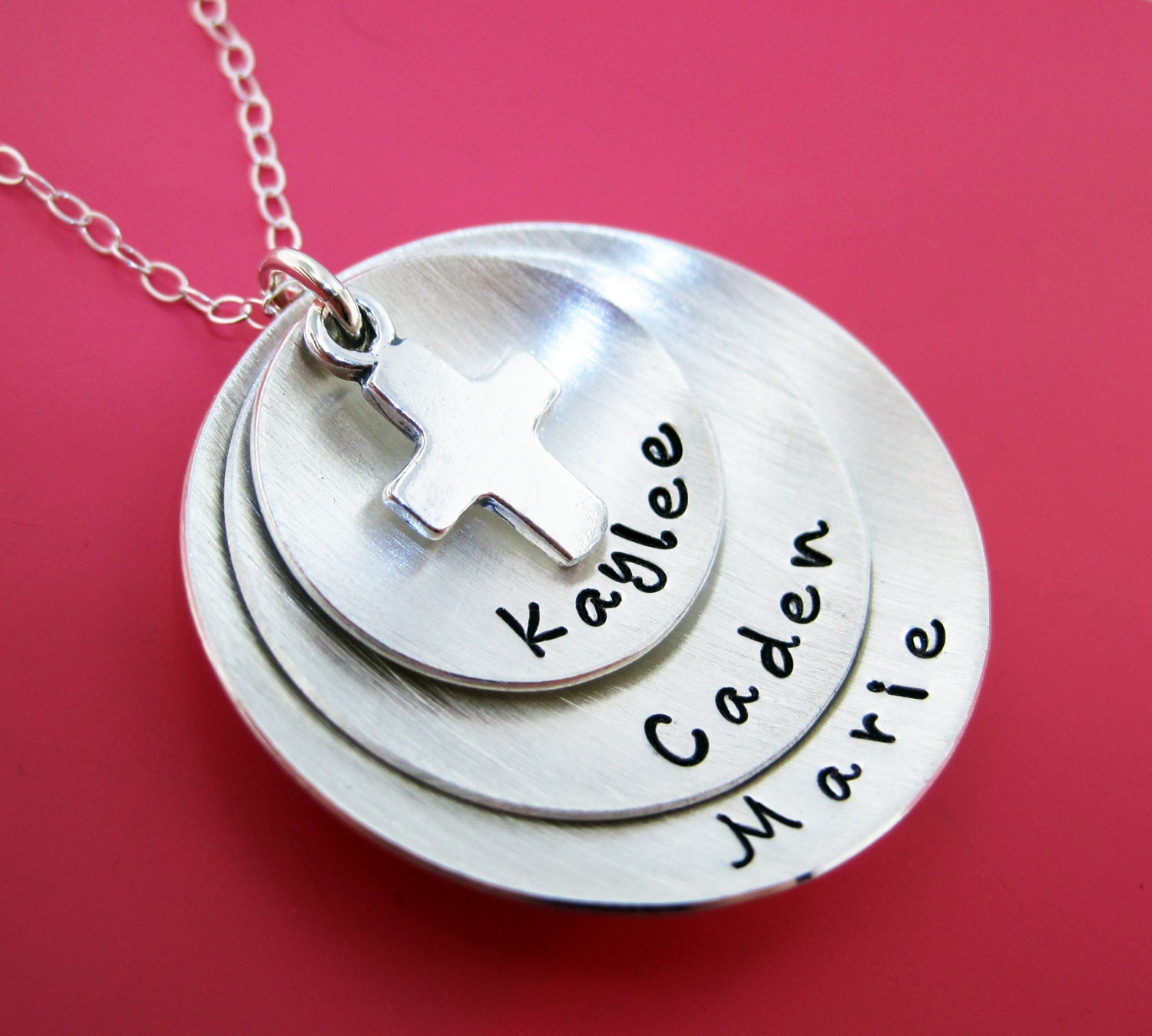 Three  Sterling Silver Discs with Sterling Silver Cross Charm - Personalized Hand Stamped Jewelry By HannahDesign
