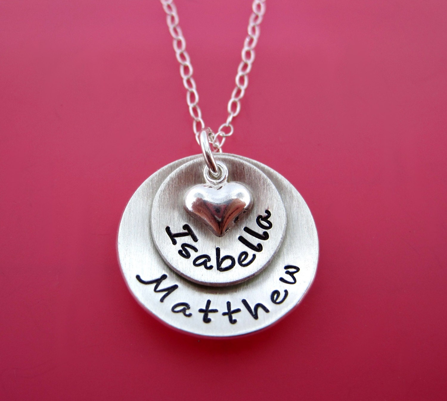 Personalized Necklace - Hand Stamped Jewelry - Domed Hand Stamped Personalized Sterling Silver Necklace for Mom - Two Pendants