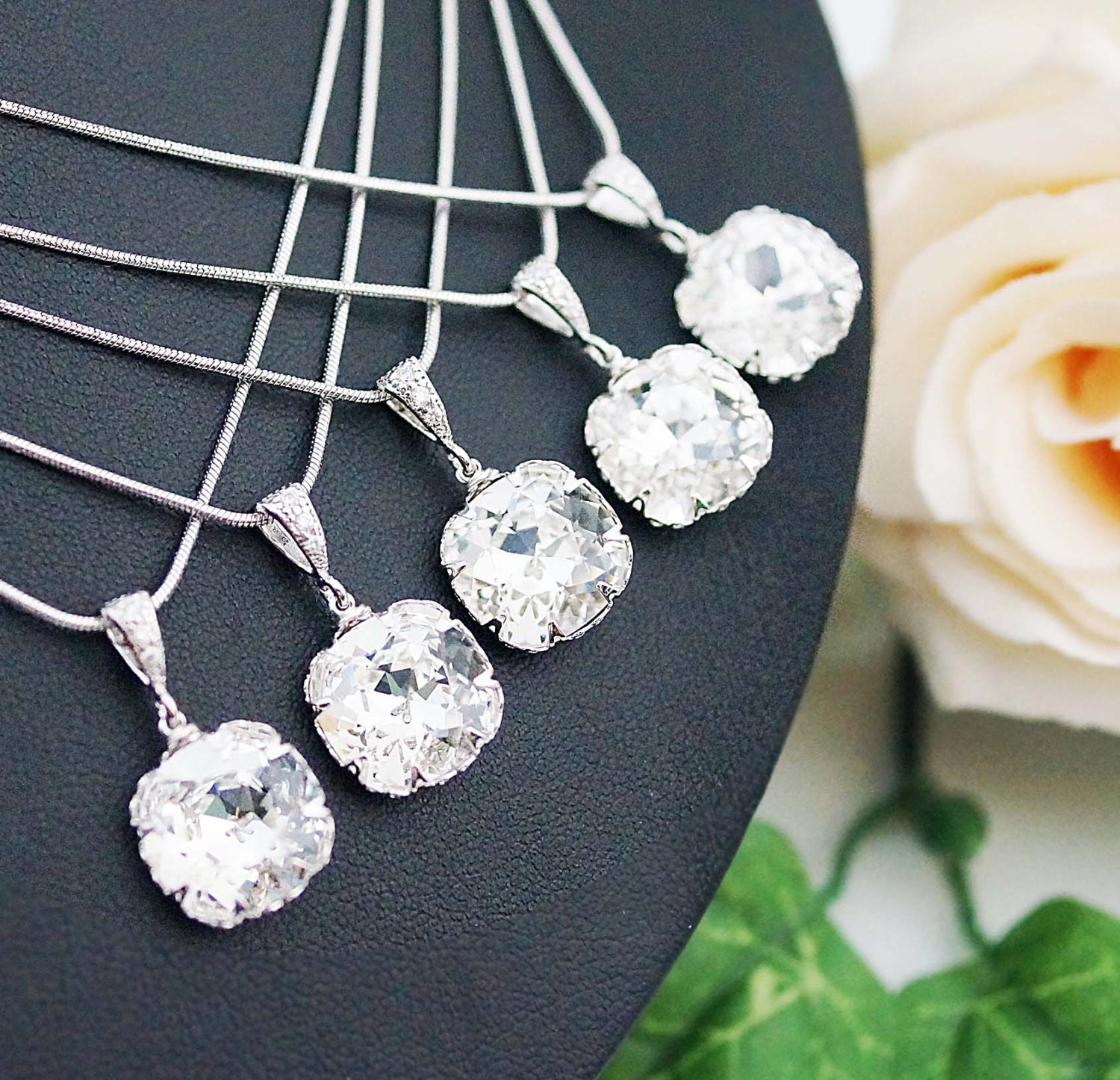 10% OFF SET of 5 Wedding Jewelry Bridesmaid Jewelry Clear White Swarovski Crystal Square drops Bridal Necklace Bridesmaid Necklace