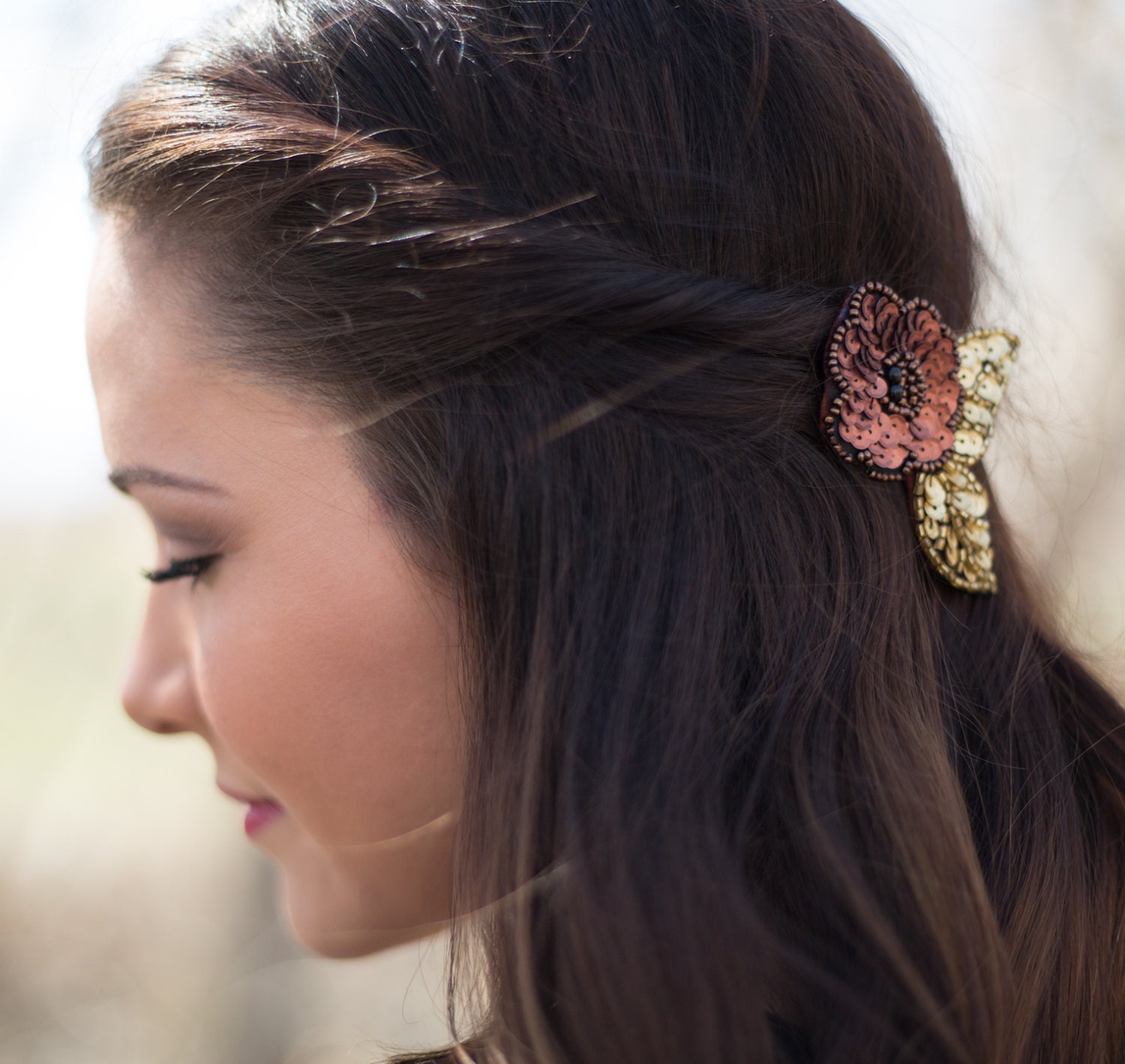Gloria Clip -- beaded flower clip in gold and bronze