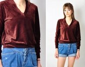 Vintage Velour Brown Blouse, 70s, Womens, Cropped
