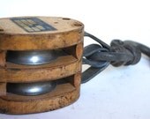 Vintage Industrial Hook and Pulley, Metal and Wood