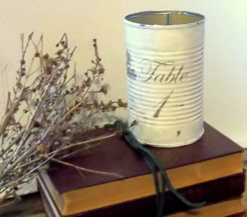 Wedding table sign white decor centerpiece, Eco Friendly reclaimed tin can