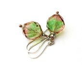 Big Peach - Green Faceted Balls - Round Beads, Dangle Earrings, Sterling Silver