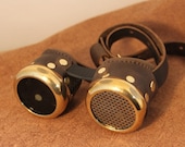 Steampunk goggles brown and brass, with a perforated screen on one side